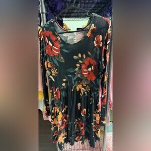 Floral Long Sleeve Dress - Black and Red